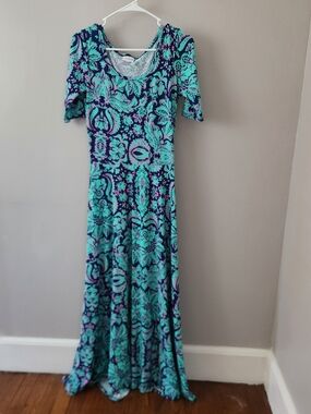 Lularoe Ana Dress Teal Paisley Printed Maxi Anna Sleeves Long Layering Navy